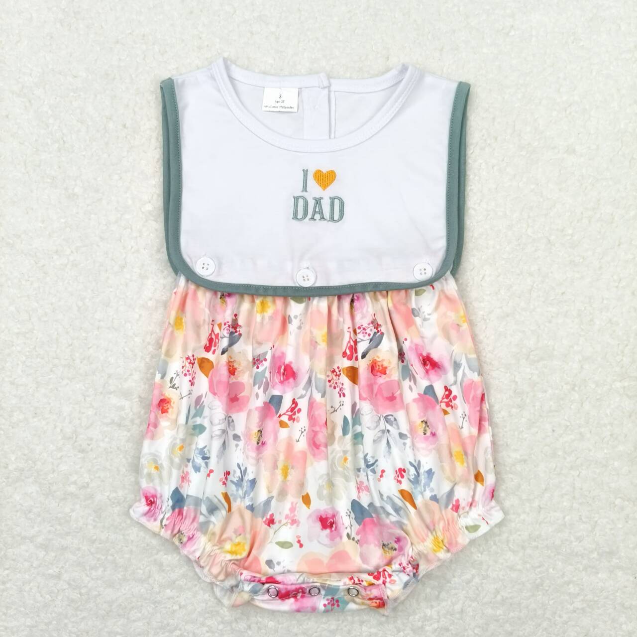 SR0988 I LOVE DAD Embroidery Flowers Print Baby Girls Summer Buttons Romper