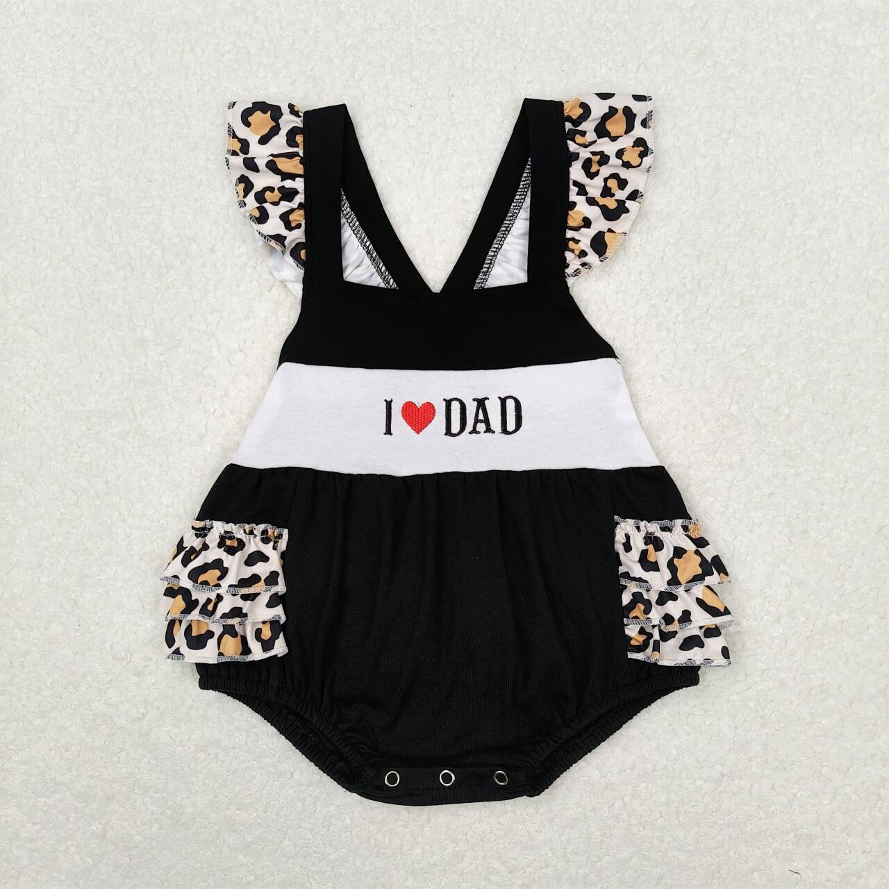 SR1147 I LOVE DAD Embroidery Leopard Print Baby Girls Summer Bubble Romper