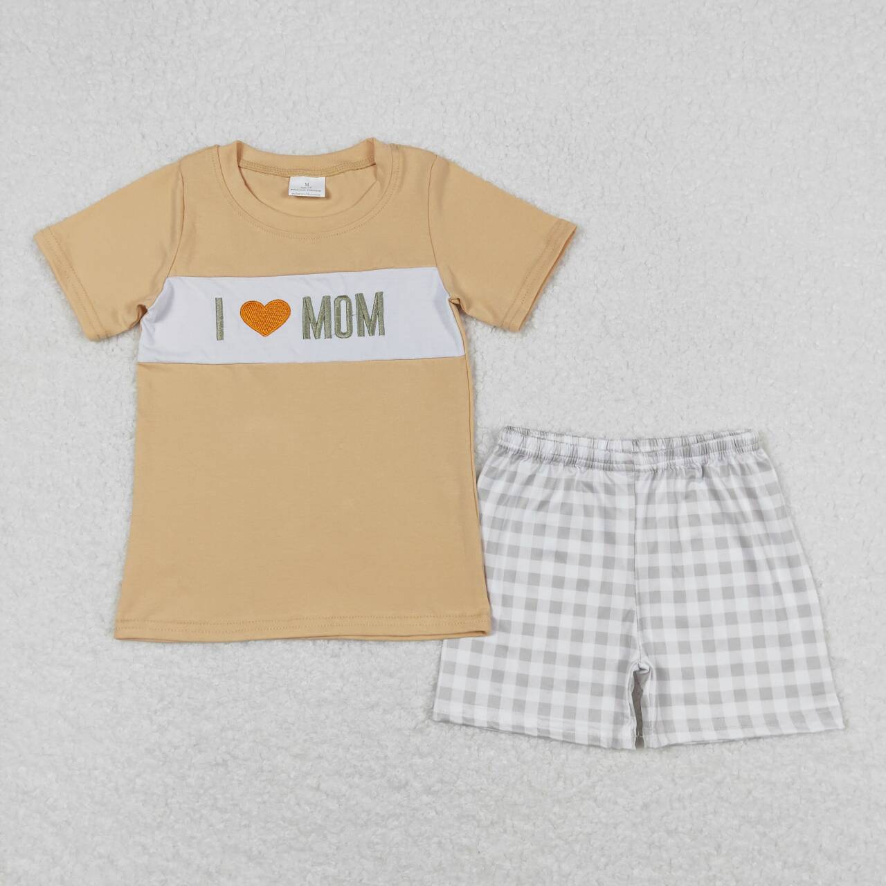 BSSO0646 I LOVE MOM Embroidery Top Plaid Shorts Boys Summer Clothes Set