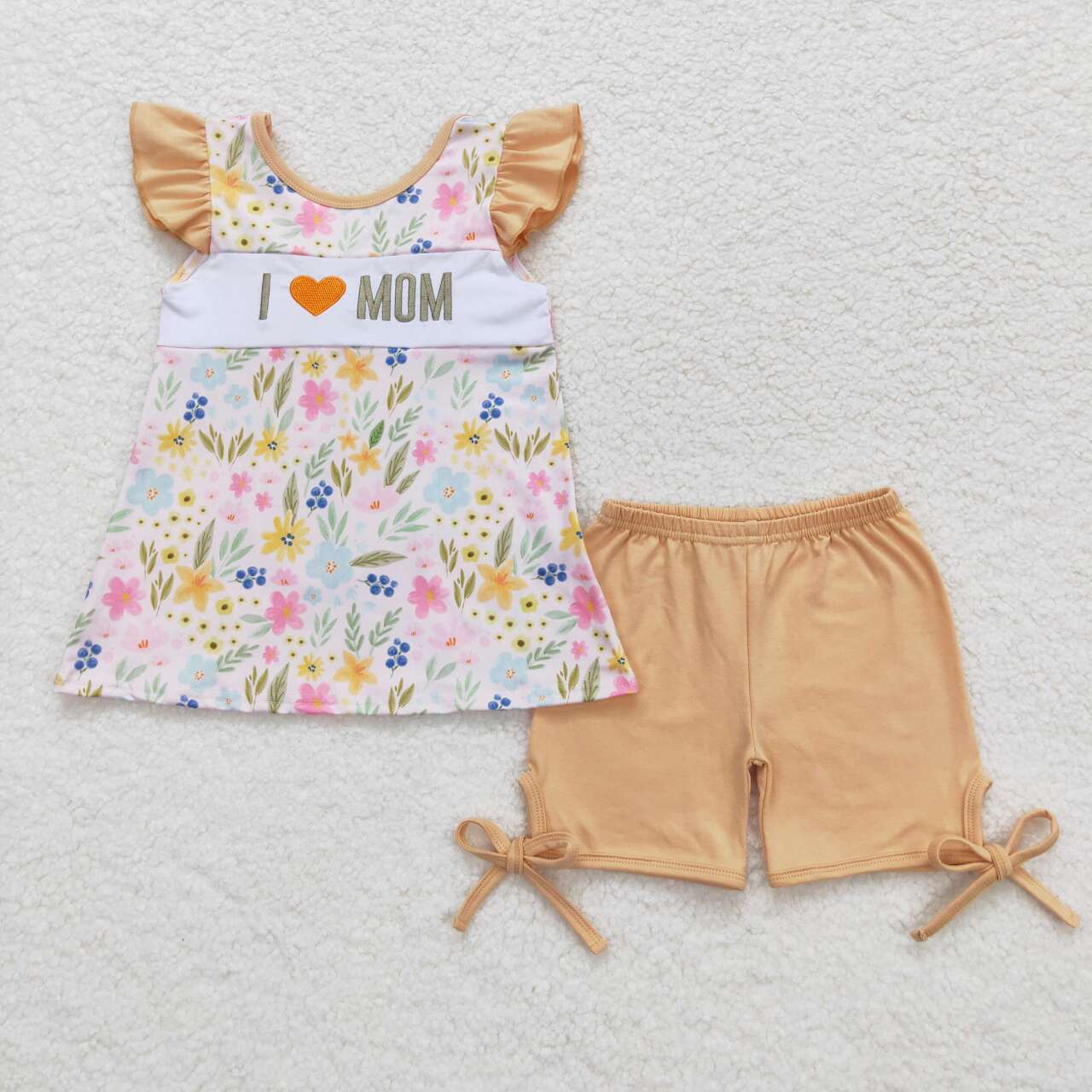 GSSO0696 I LOVE MOM Embroidery Flowers Top Khaki Shorts Girls Summer Clothes Set