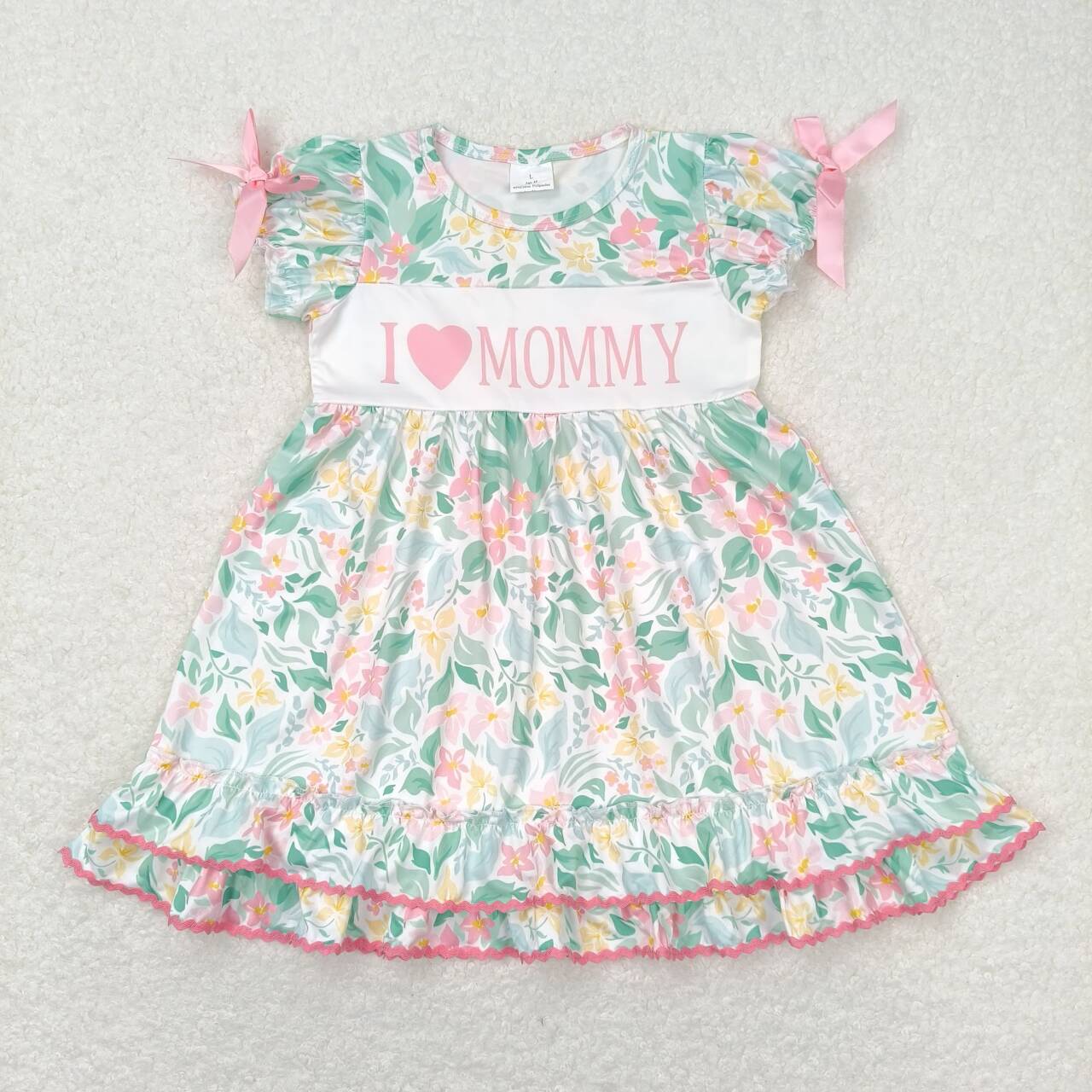 GSD1092  I LOVE MOMMY Flowers Print Girls Knee Length Summer Dress