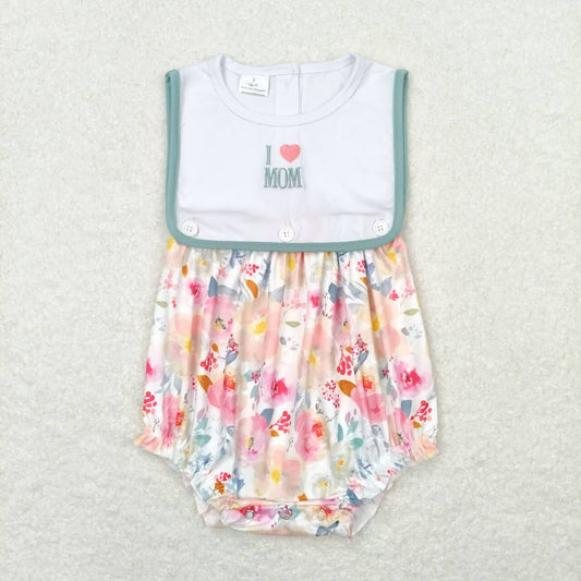 SR0989 I LOVE MOM Embroidery Flowers Print Baby Girls Summer Buttons Romper