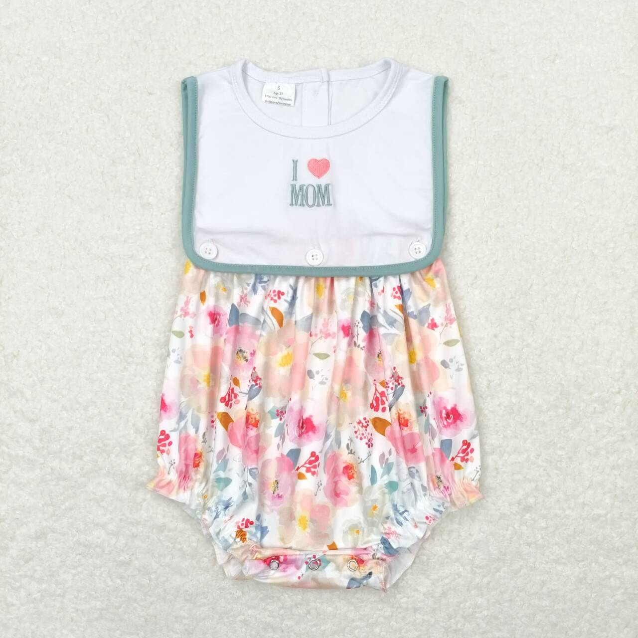 I LOVE DAD& MOM Embroidery Flowers Print Baby Girls Summer Buttons Romper Sisters Wear