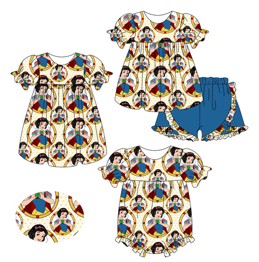 2.16(Custom Design Preorder MOQ 5 Each Design) Cartoon Princess White Print Girls Summer Matching Clothes Sisters Wear