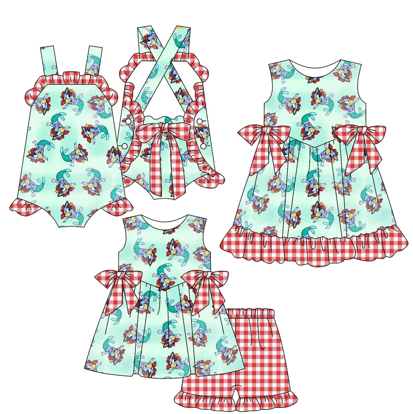 2.16(Custom Design Preorder MOQ 5 Each Design) Cartoon Princess Mermaid Red Plaid Print Girls Summer Matching Clothes Sisters Wear