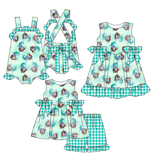 2.16(Custom Design Preorder MOQ 5 Each Design) Cartoon Princess Mermaid Green Plaid Print Girls Summer Matching Clothes Sisters Wear