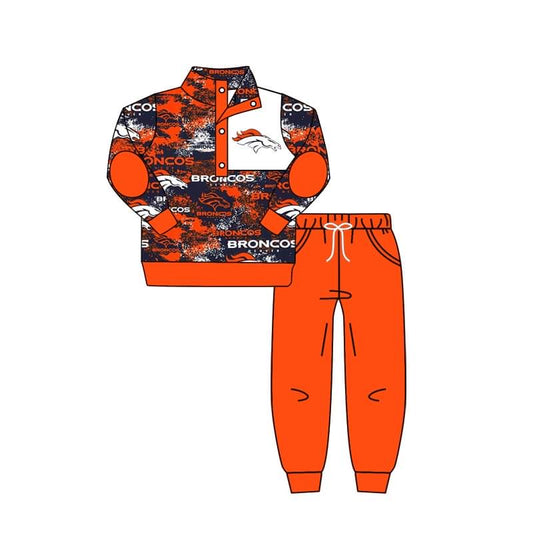 (Custom Design MOQ 5) Dark orange football team's print button pullover shirts pants boys fall clothes set