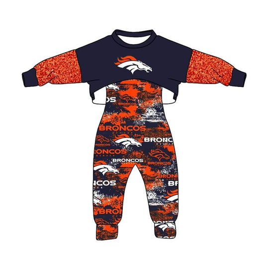 (Custom Design MOQ 5)  Dark Orange Football Team's Print Girls Jumpsuits Clothes Set