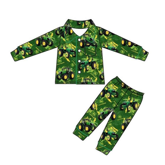 (Custom Design MOQ 5) Green Tractor Print Kids Button Pajamas Clothes Set