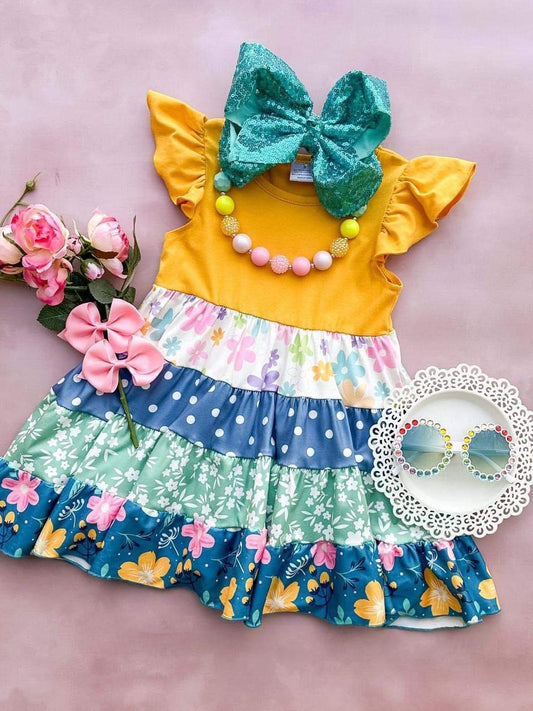 （Custom Design Preorder MOQ 5) Flowers Print Girls Summer Knee Length Dress