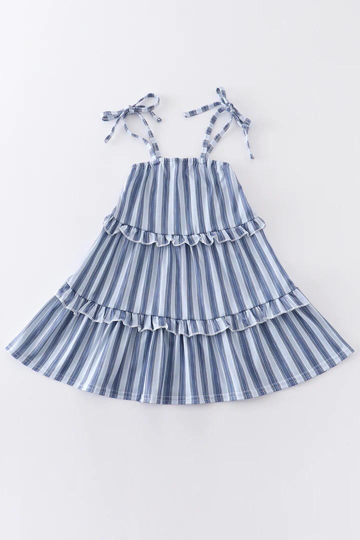 (Custom Design Preorder MOQ 5) Blue Stripes Print Girls Summer Knee Length Dress