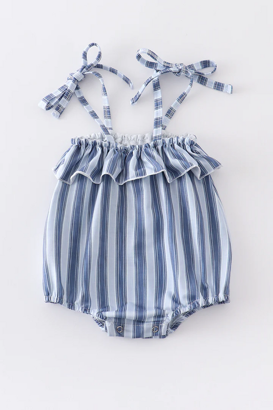 (Custom Design Preorder MOQ 5) Blue Stripes Print Baby Girls Summer Romper