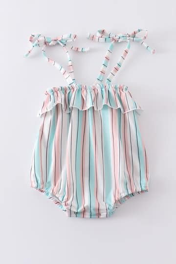 (Custom Design Preorder MOQ 5) Pink Stripes Print Baby Girls Summer Romper