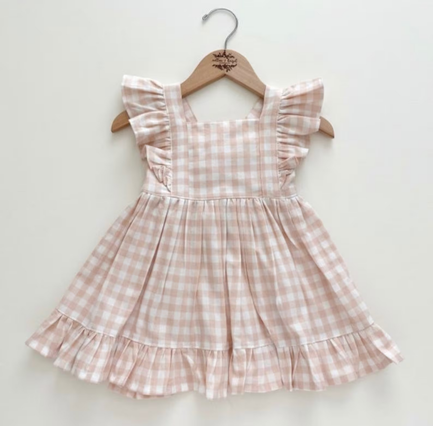 (Custom Design Preorder MOQ 5) Khaki Plaid Print Girls Summer Knee Length Dress