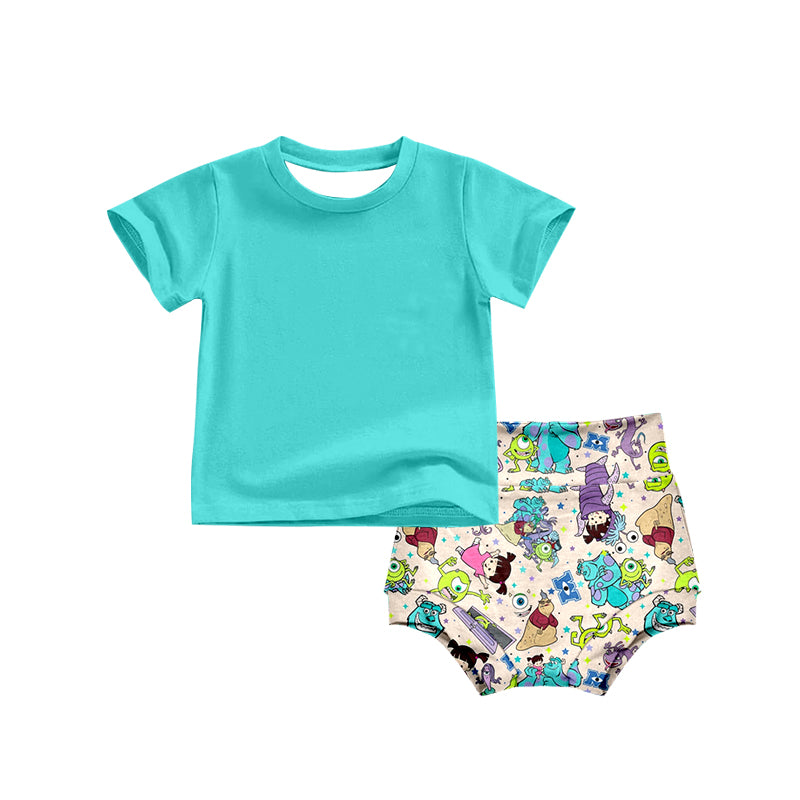(Custom Design Preorder MOQ 5) NO.11 Cartoon Monsters Print Baby Summer Bummie Set