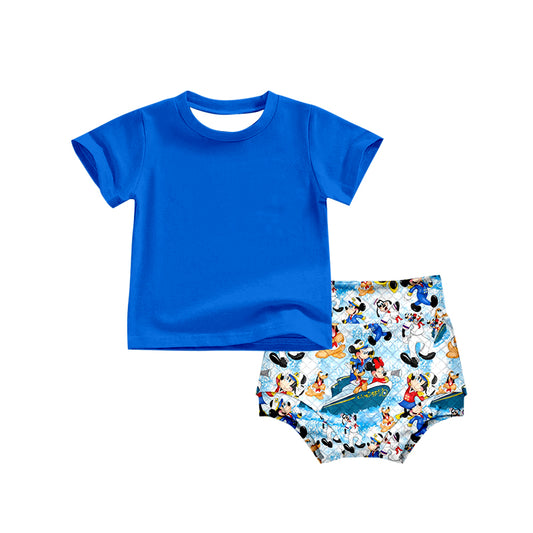 (Custom Design Preorder MOQ 5) NO.7 Cartoon Mouse Steamship Print Baby Summer Bummie Set