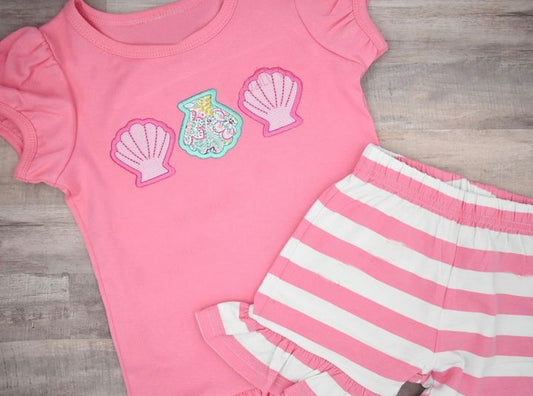 (Custom Design Preorder MOQ 5) Shells Print Pink Top Stripes Shorts Girls Summer Clothes Set