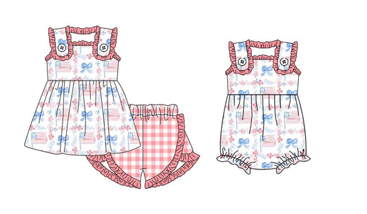 (Custom Design Preorder MOQ 5) Flags Bows Print Girls 4th of July Clothes Set