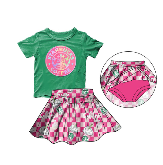 (Custom Design Preorder MOQ 5) Coffee Print Top Skirts With Shorts Girls Summer Clothes Set