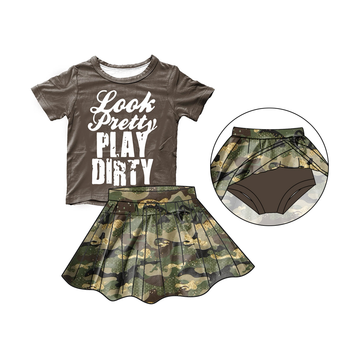 (Custom Design Preorder MOQ 5) Grey Camo Print Top Skirts With Shorts Girls Summer Clothes Set