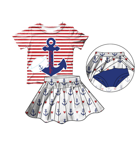 (Custom Design Preorder MOQ 5) Anchor Print Top Skirts With Shorts Girls Summer Clothes Set