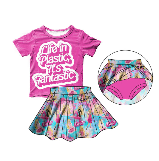 (Custom Design Preorder MOQ 5)Pink BA Print Top Skirts With Shorts Girls Summer Clothes Set
