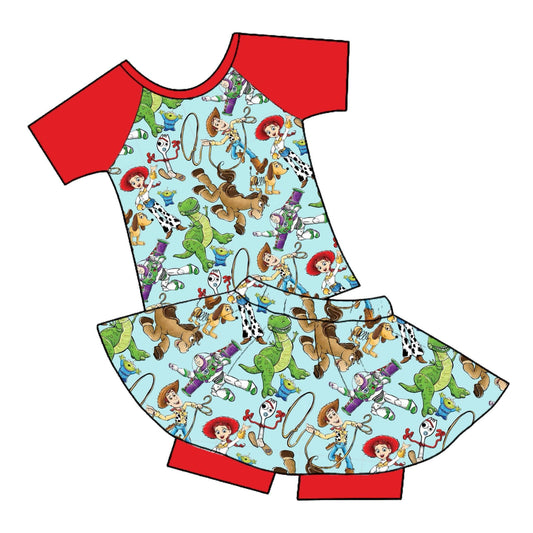 (Custom Design Preorder MOQ 5) Cartoon Toys Character Print Top Skirts With Shorts Girls Summer Clothes Set