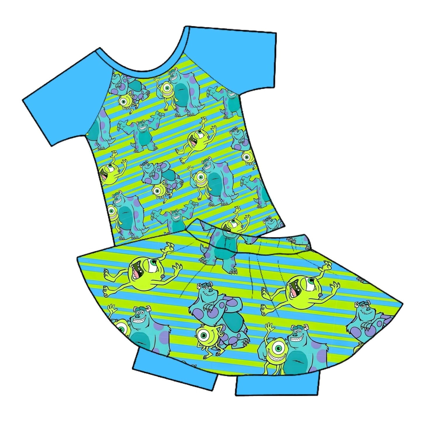 (Custom Design Preorder MOQ 5) Cartoon Monster Print Top Skirts With Shorts Girls Summer Clothes Set