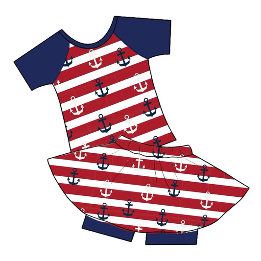 (Custom Design Preorder MOQ 5) Cartoon Anchor Print Top Skirts With Shorts Girls 4th of July Clothes Set