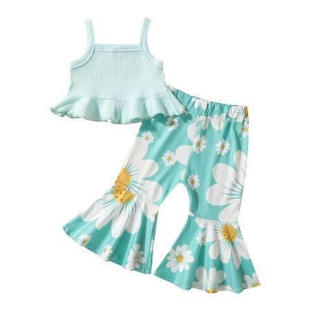 (Custom Design Preorder MOQ 5) Aqua Flowers Print Girls Summer Clothes Set