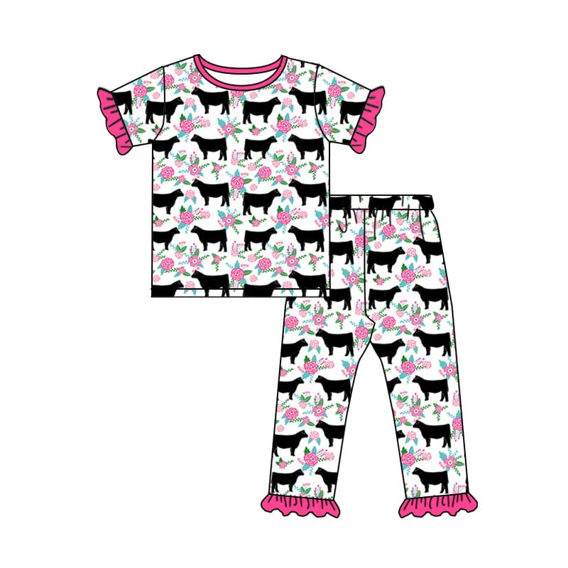 (Custom Design Preorder MOQ 5) Pink Flowers Cows Print Girls Pajamas Clothes Set