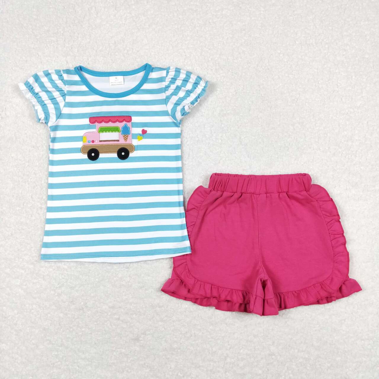 GSSO0580 Ice Cone Truck Embroidery Top Pink Shorts Girls Summer Clothes Set