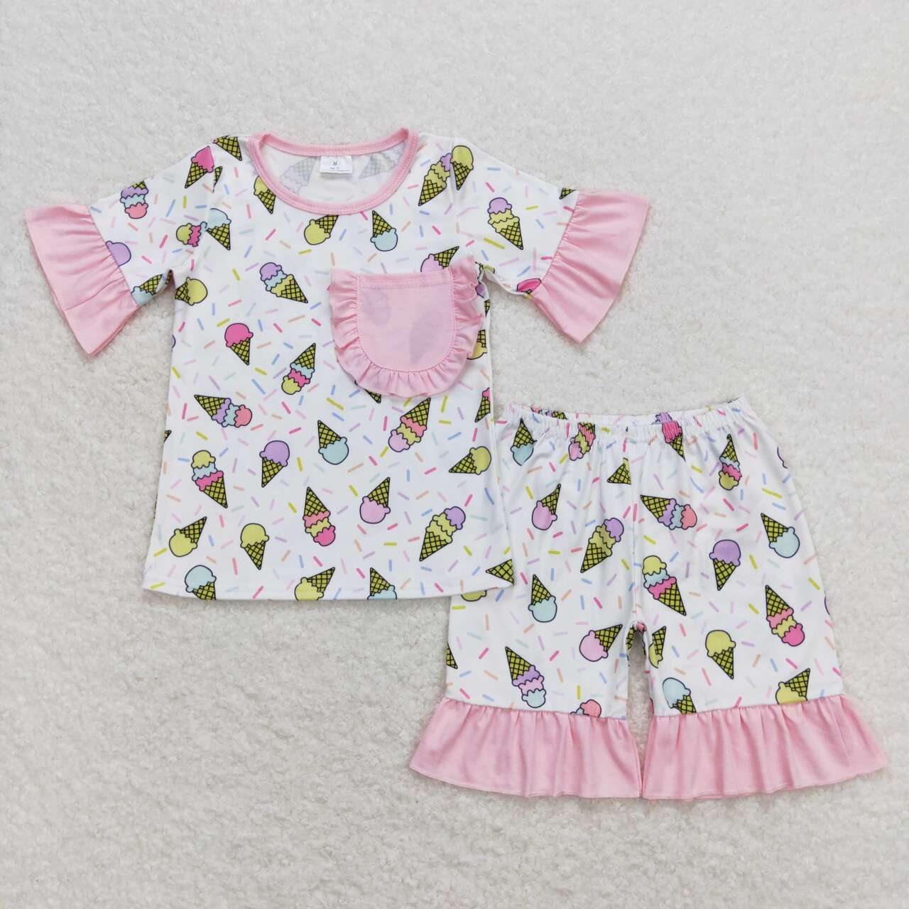 GSSO0667 Ice Cone Popsicle Print Pocket Girls Summer Pajamas Clothes Set