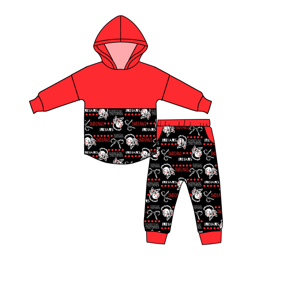 (Custom Design Preorder MOQ 5) Team's Indians Hoodie Top Pockets Pants Kids Clothes Set