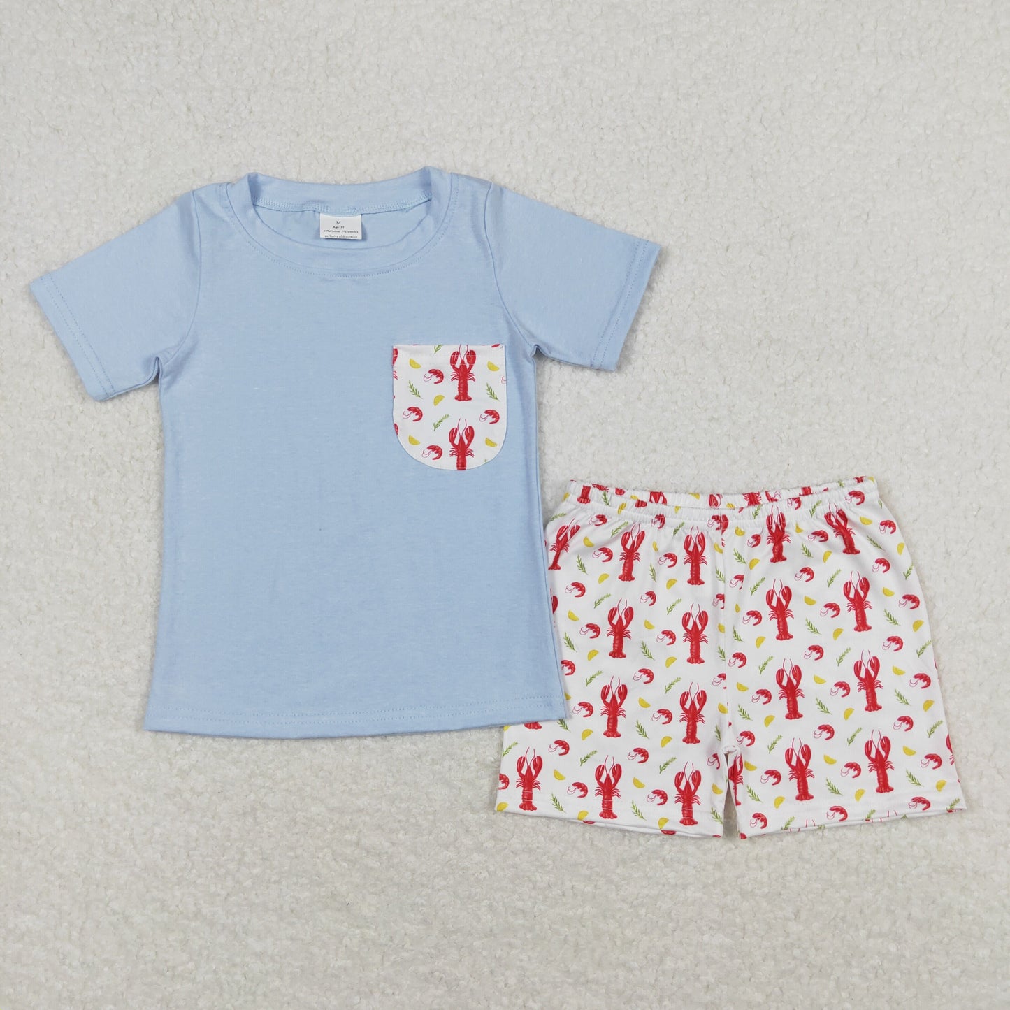 BSSO0648 Blue Pocket Top Crayfish Shorts Boys Summer Clothes Set