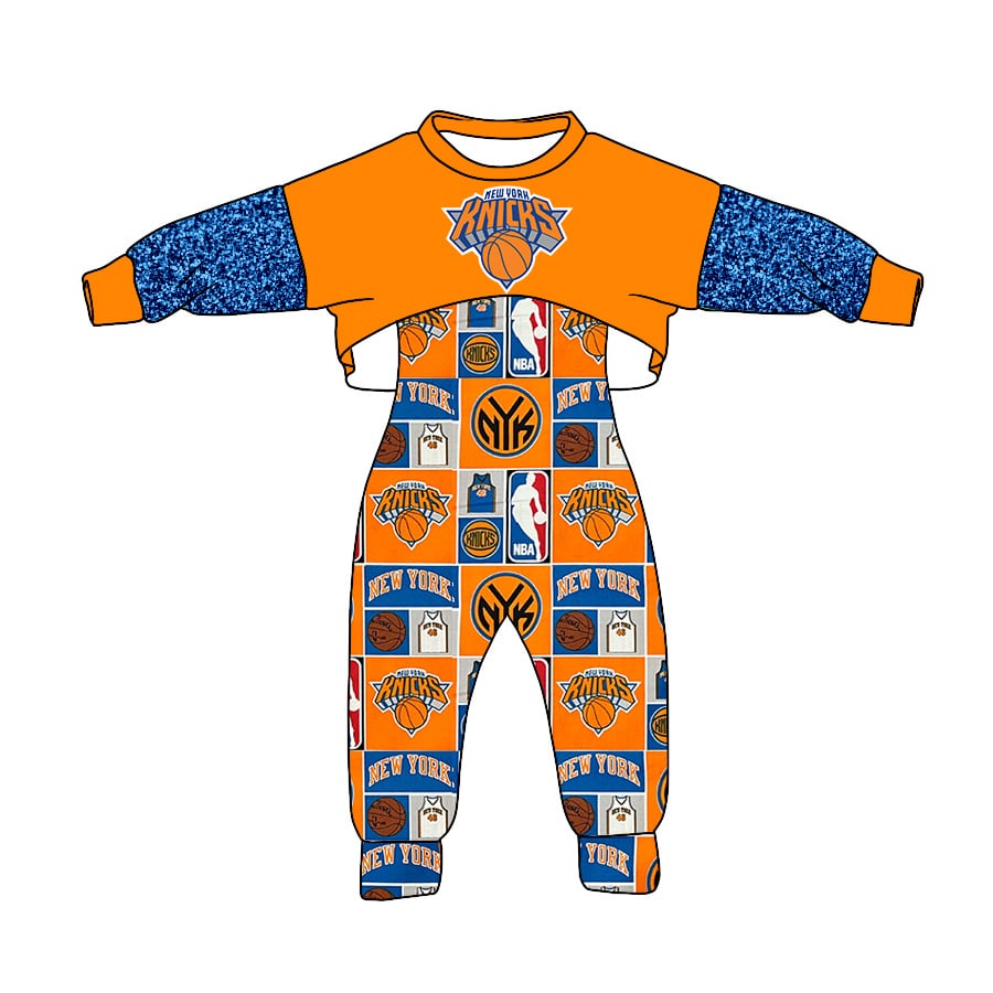 (Custom Design Preorder MOQ 5) Team's KNICKS Print Jumpsuits Girls Fall Clothes Set