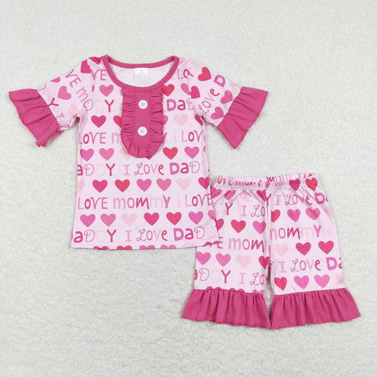 GSSO0445 I LOVE DADDY Mommy Pink Heart Print Shorts Girls Summer Pajamas Clothes Set