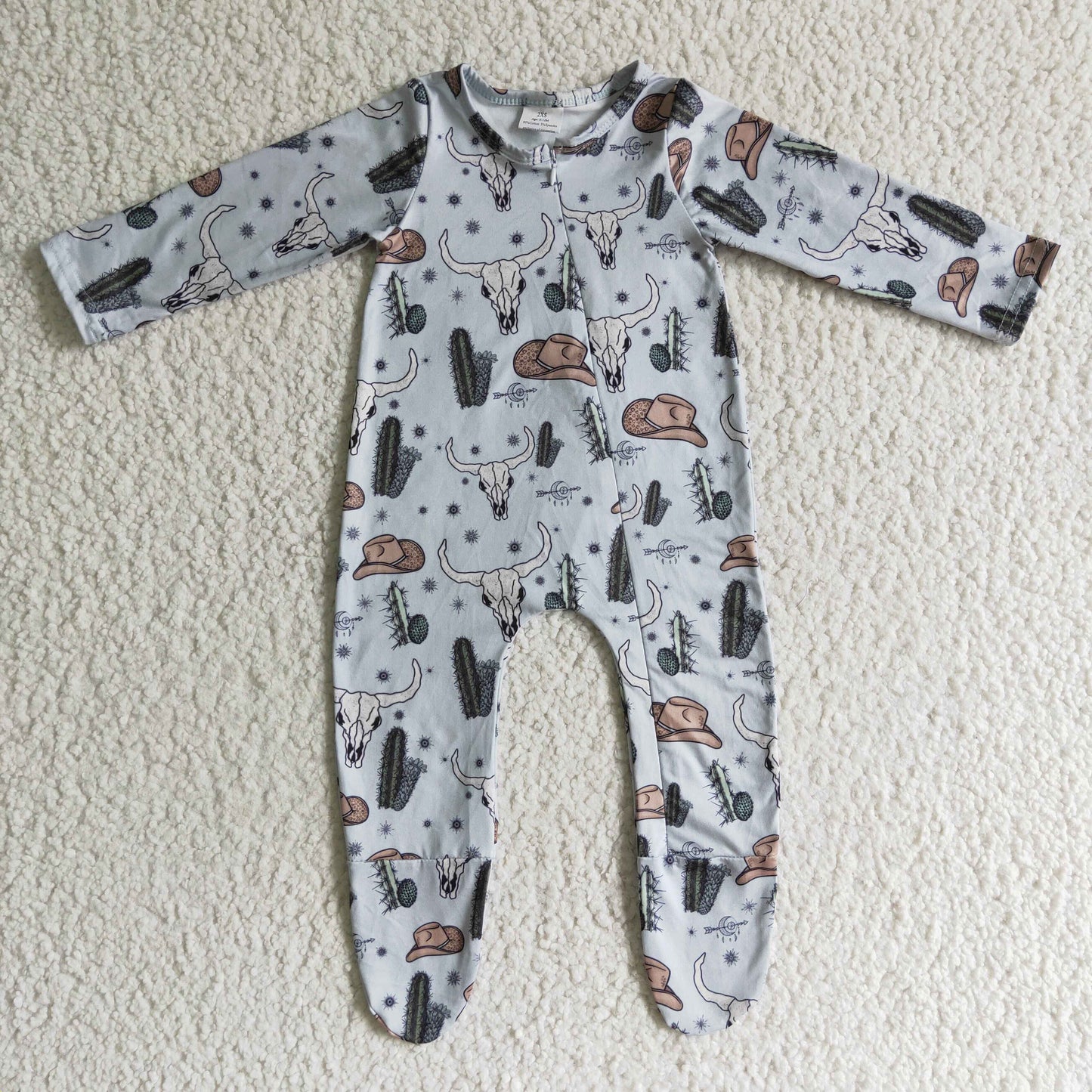 (Promotion)LR0153 Cow Skull Hat Cactus Print Baby Boys FOOTED Western Zipper Sleeper Romper