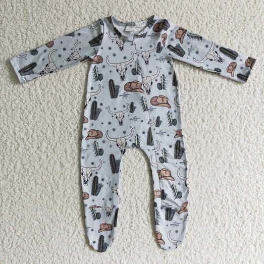 (Promotion)LR0153 Cow Skull Hat Cactus Print Baby Boys FOOTED Western Zipper Sleeper Romper