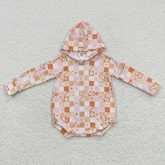 LR0271 Baby orange plaid print long sleeve hoodie romper