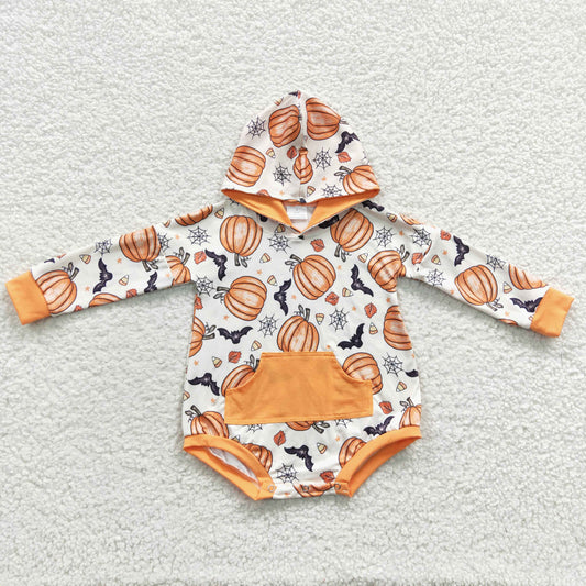 LR0273 Baby pumpkin print long sleeve hoodie Halloween romper