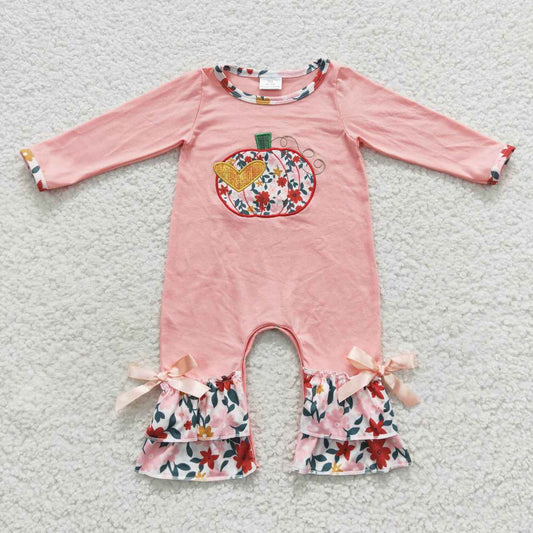 LR0278 Long sleeve pink flowers pumpkin embroidery baby girls fall romper