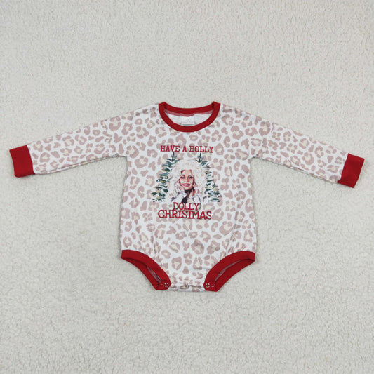 LR0283 Holly leopard long sleeve Christmas baby romper