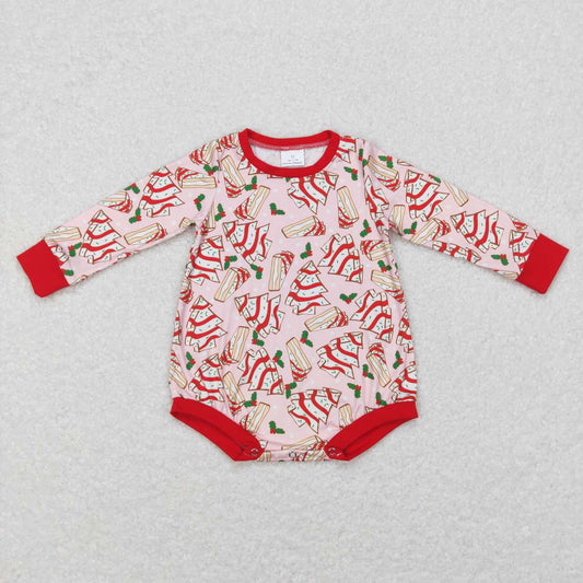 LR0284  Christmas Tree Little Debbie Cakes Print Baby Girls Romper