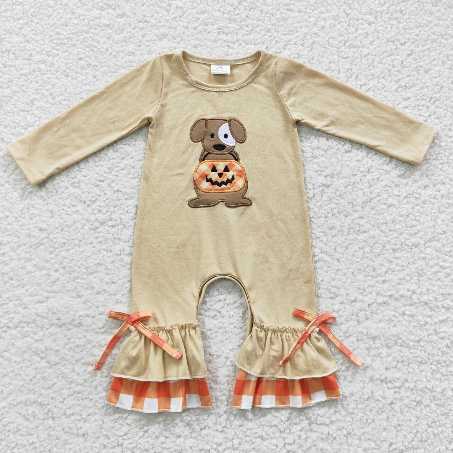 LR0290 Baby girls dog pumpkin embroidery Halloween romper