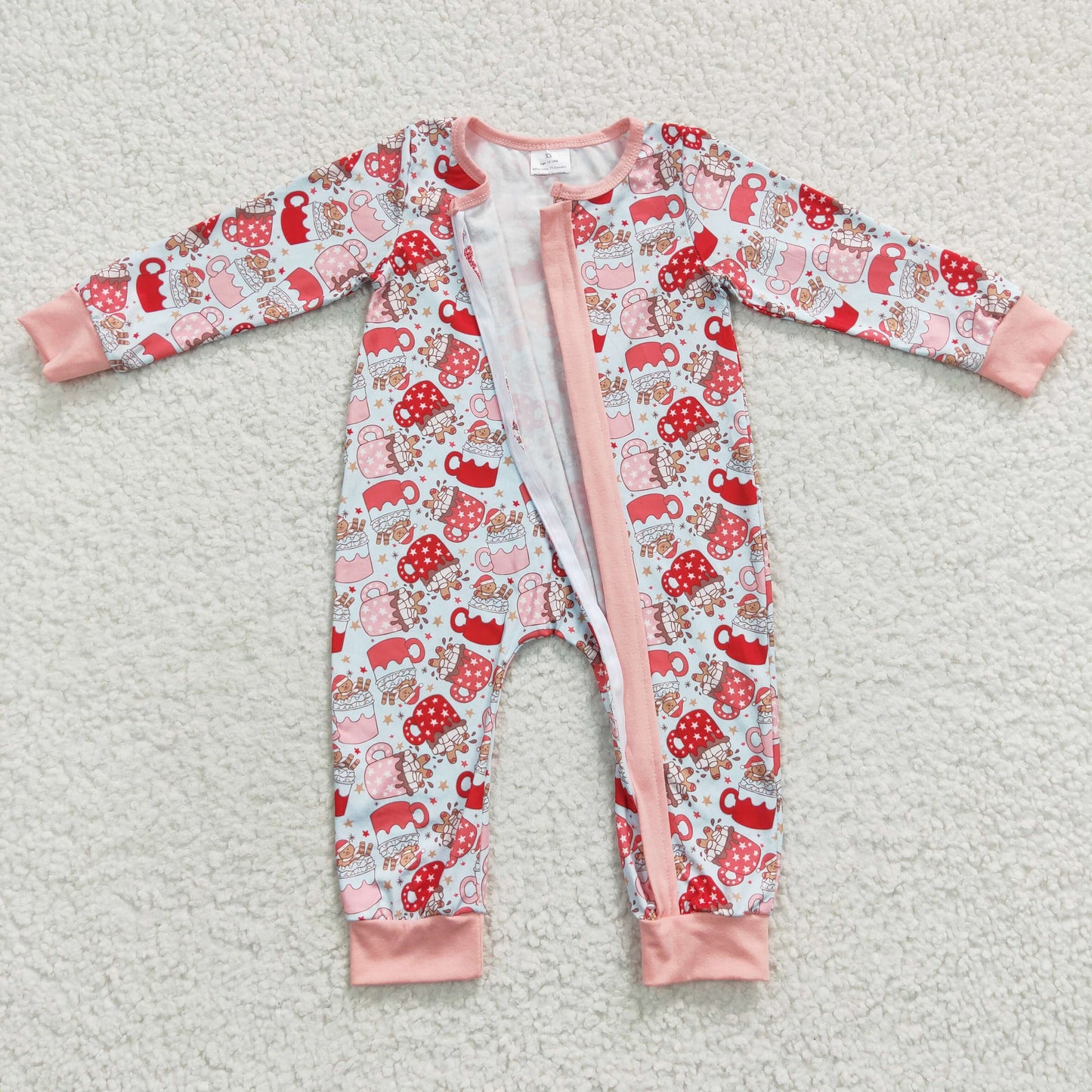 LR0294 Baby girls long sleeve pink Christimas zipper romper