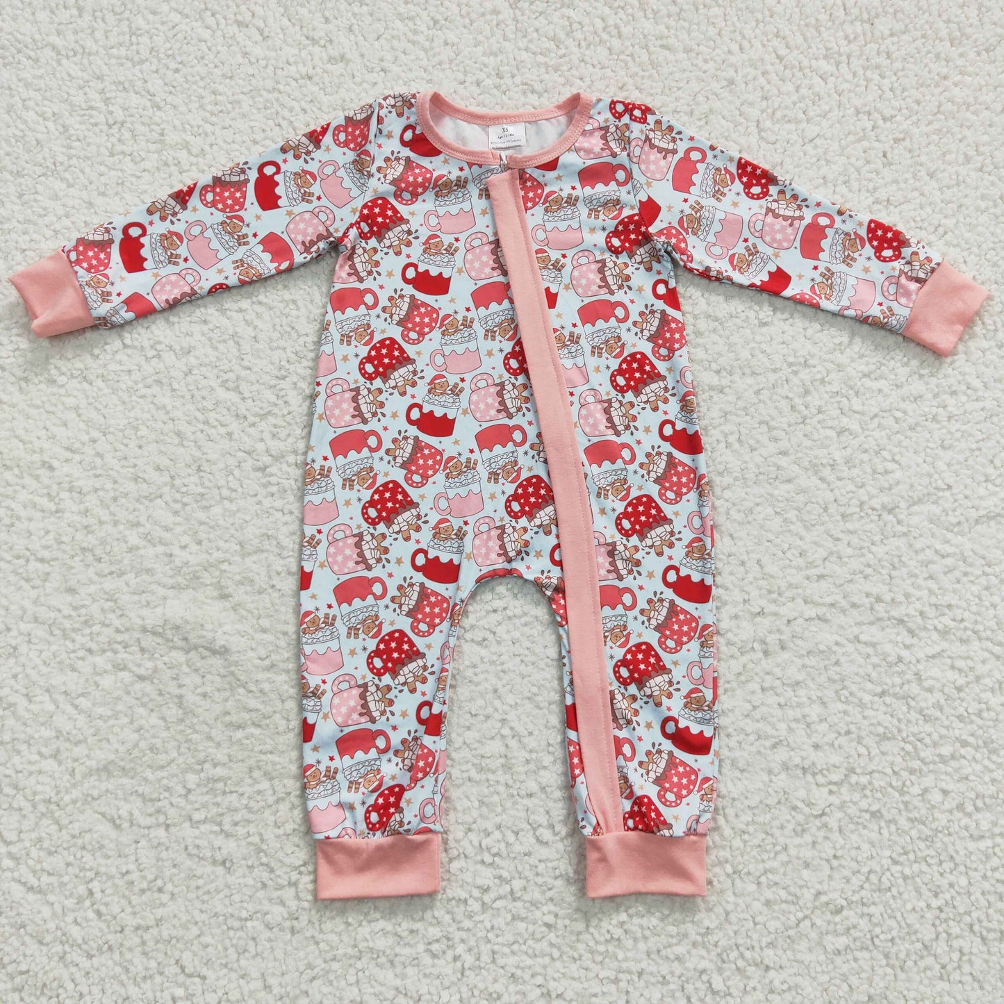 LR0294 Baby girls long sleeve pink Christimas zipper romper