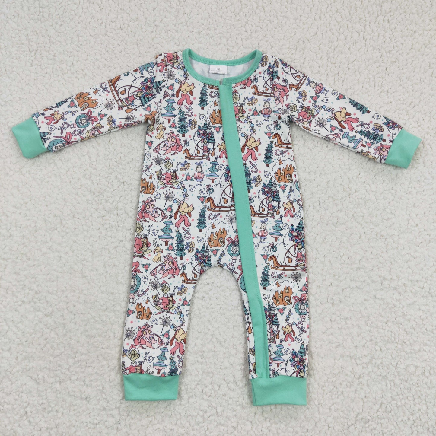 LR0296 Baby girls long sleeve green Christimas design zipper romper