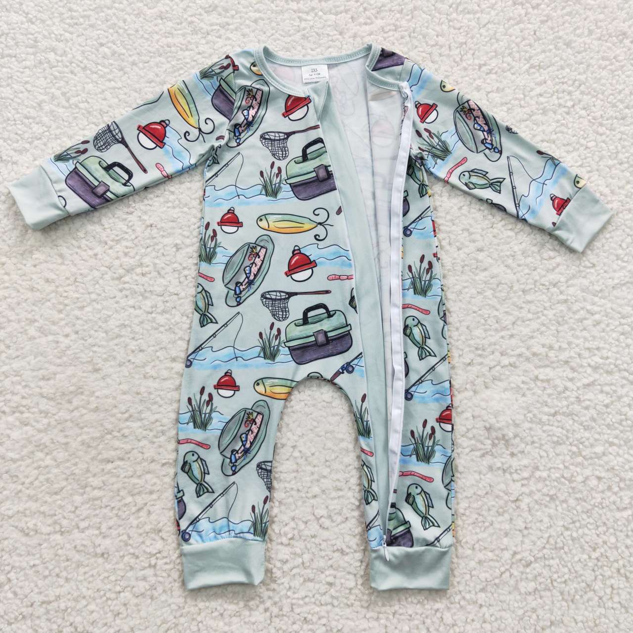 LR0321 Baby boys green fishing zipper romper