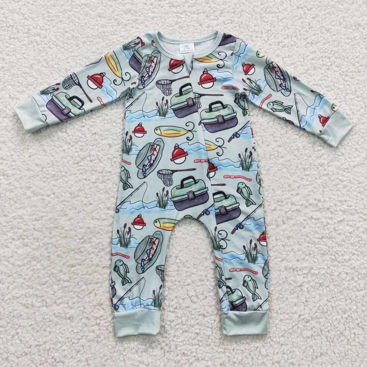 LR0321 Baby boys green fishing zipper romper